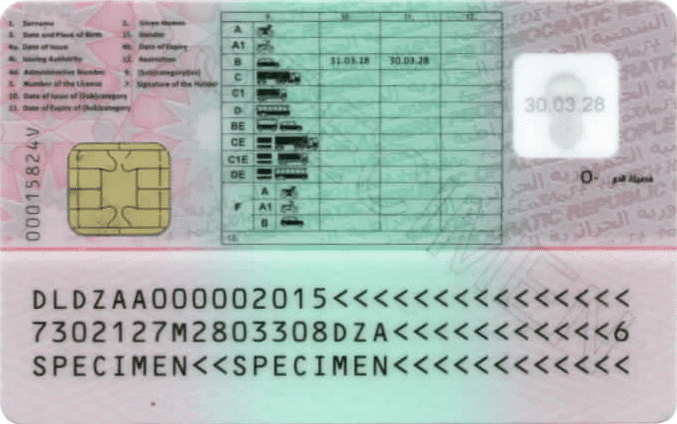 Verso du nouveau permis de conduire biométrique algérien (spécimen)